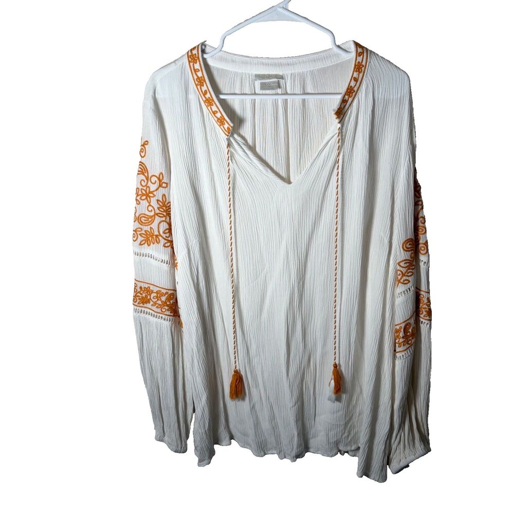 City Chic Blouse Women's Medium 18 V-Neck Boho Emrboidered Tassel Top Shirt